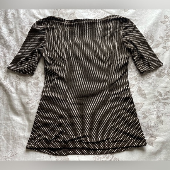 Y2K Nylon Brown White Polka Dot Micro Mesh Bow Top Small Coquette Cottage Office - Picture 2 of 6